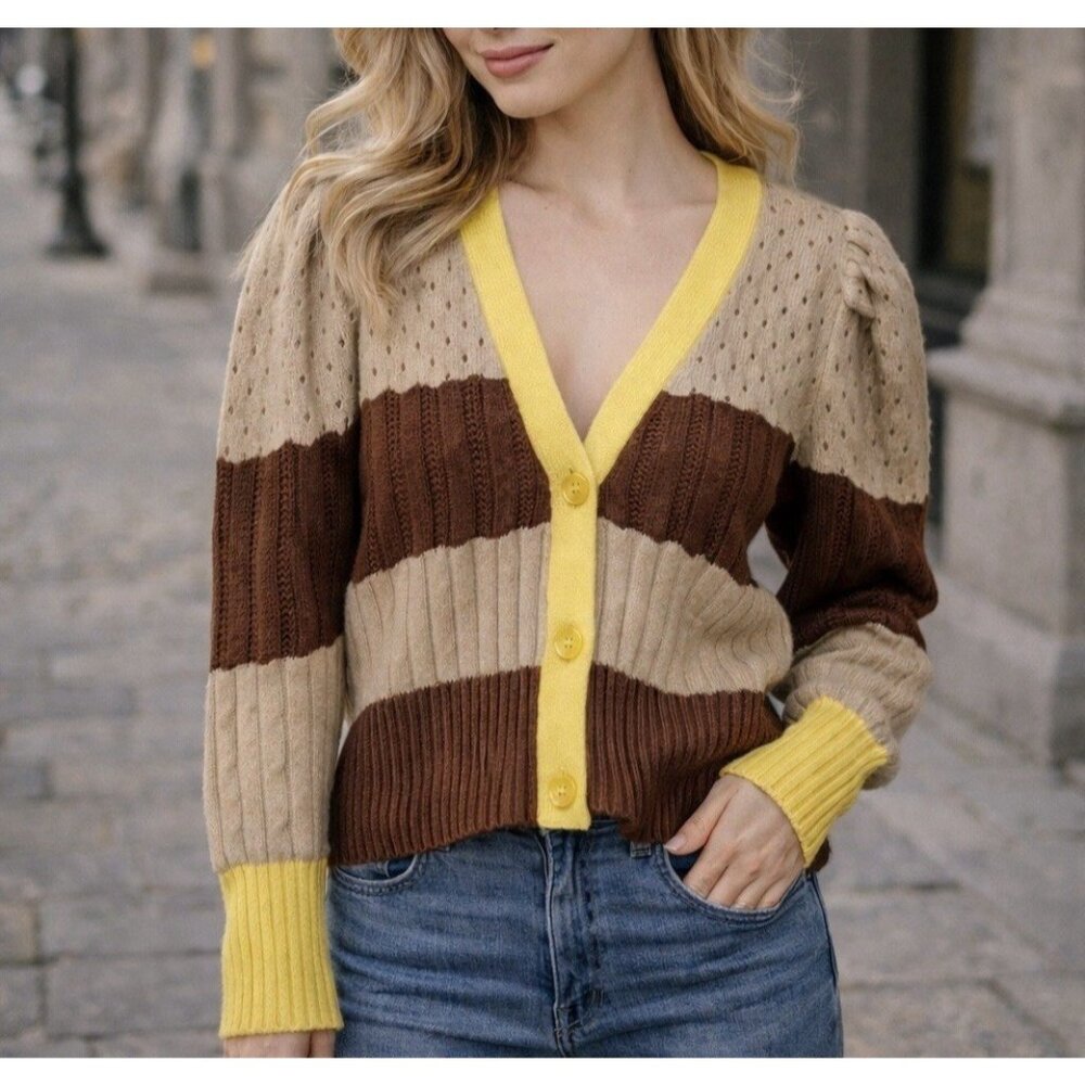 Calligraphie Women’s Cardigan XL  Striped Button Front Puff Sleeve Brown V Neck